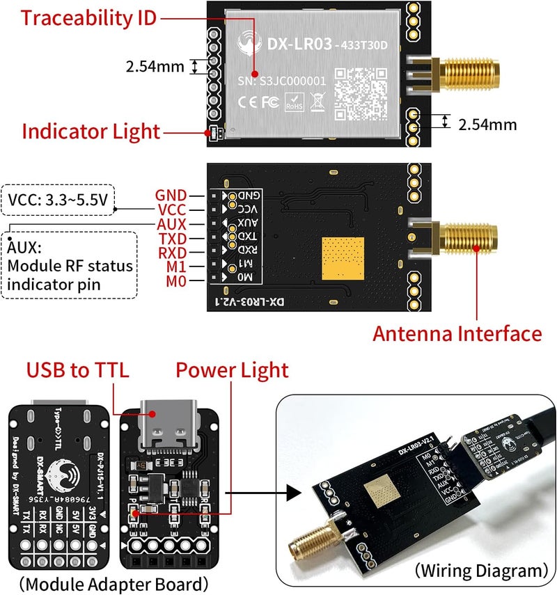 PDDAXLQUE 4 قطع DX-LR03 وهوائي 28 ديسيبل 10 كم مدى طويل للغاية وحدة الإرسال والاستقبال التسلسلي LORA UART 410-475/433 ميجاهرتز مع شريحة ASR6601 الرئيسية + PA متوافقة مع Arduino CE FCC (DX-LR30-433T30D-(I)*4 قطع) - Image 2